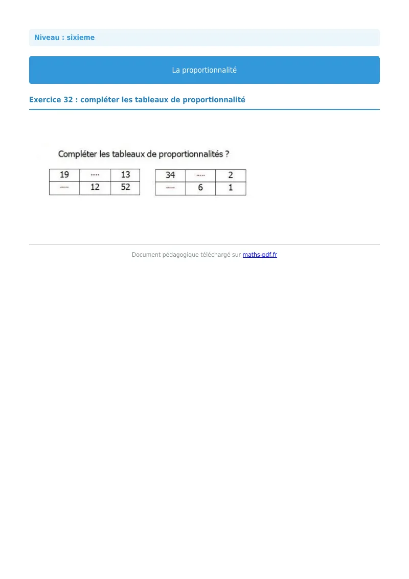 Proportionnalité : exercice n°32 de maths en 6ème corrigé en PDF