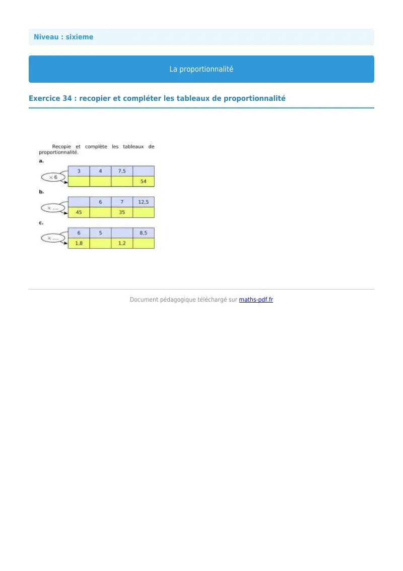 Proportionnalité : exercice n°34 de maths en 6ème corrigé en PDF