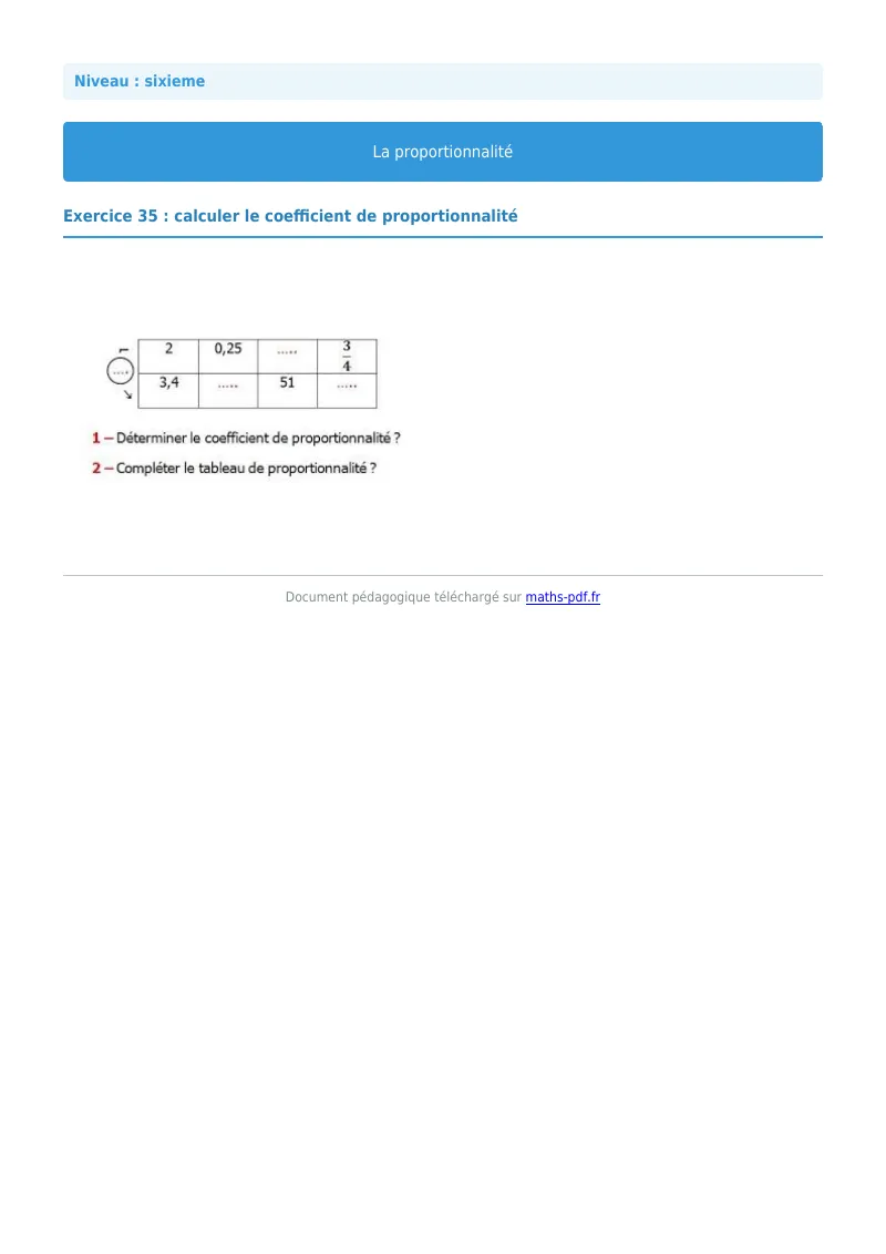 Proportionnalité : exercice n°35 de maths en 6ème corrigé en PDF