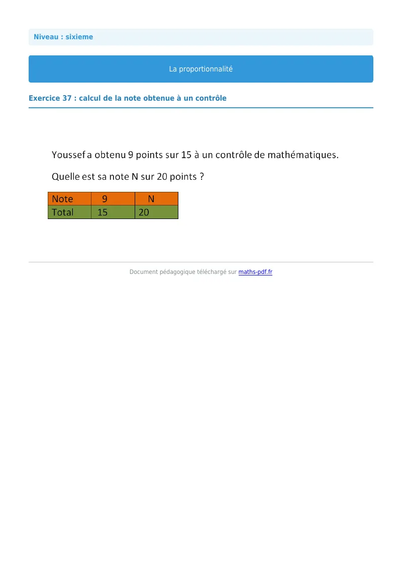 Proportionnalité : exercice n°37 de maths en 6ème corrigé en PDF