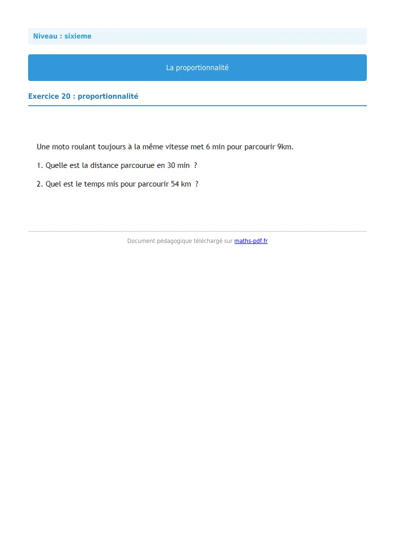 Proportionnalité : exercice n°20 de maths en 6ème corrigé en PDF