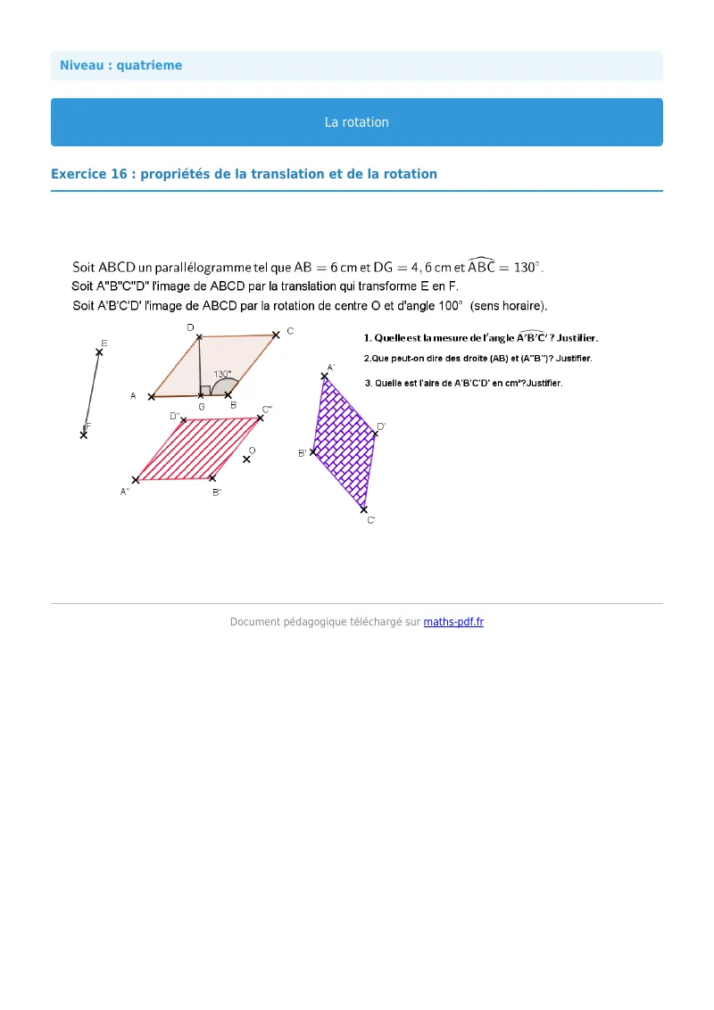 Rotation : exercice n°16 de maths en 4ème corrigé en PDF
