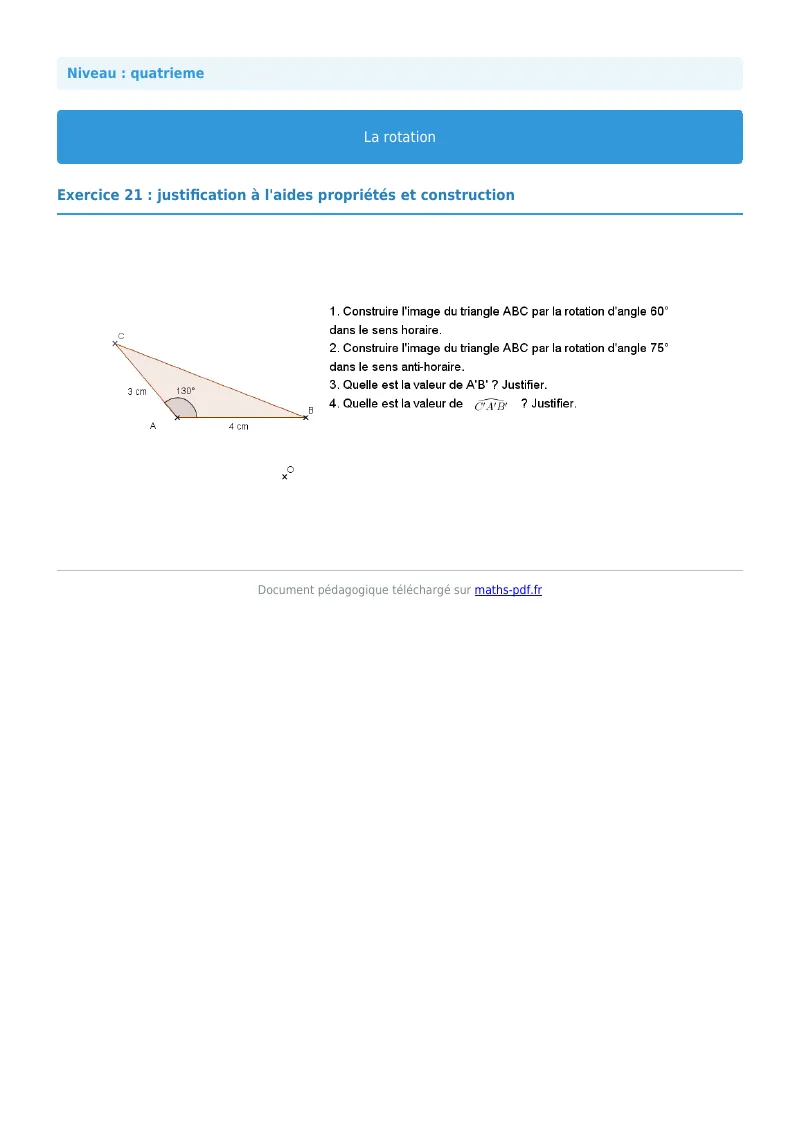 Rotation : exercice n°21 de maths en 4ème corrigé en PDF
