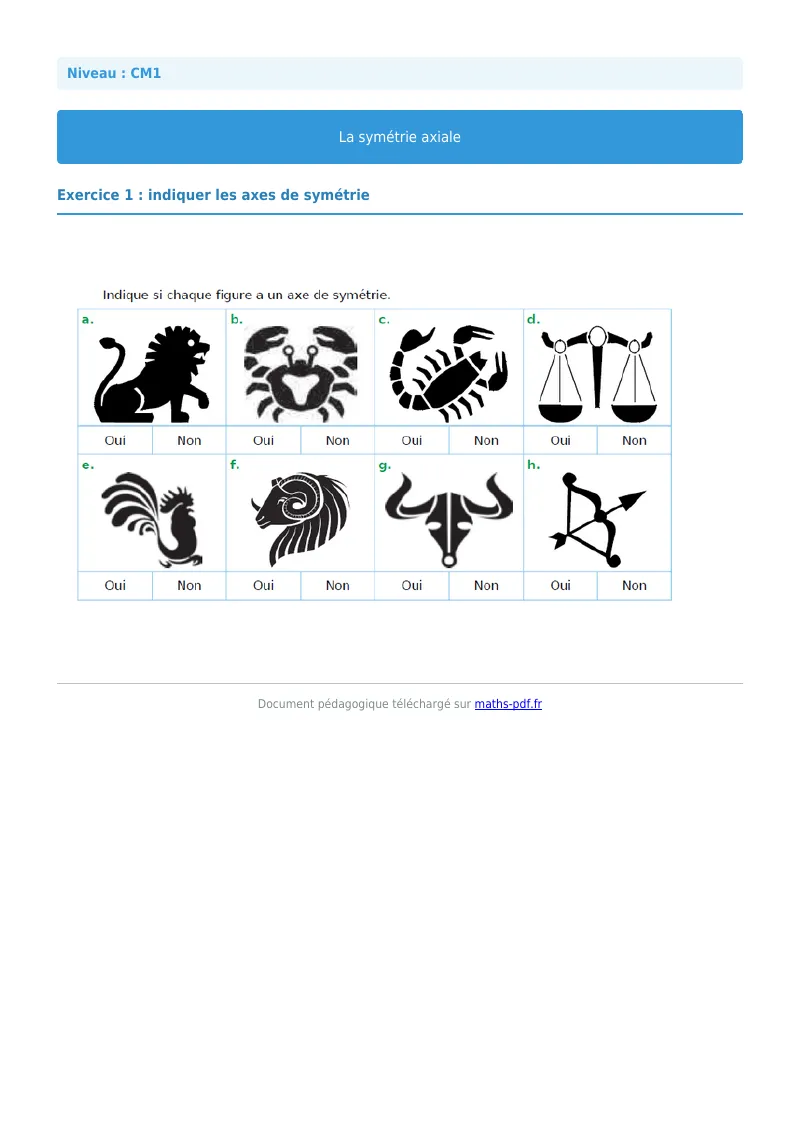 Symétrie axiale : exercice n°1 de maths en CM1 corrigé en PDF