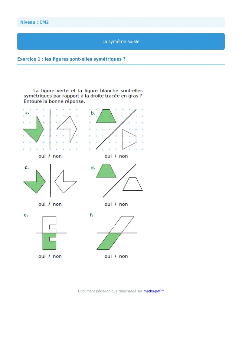 Symétrie axiale : exercice n°1 de maths en CM2 corrigé en PDF