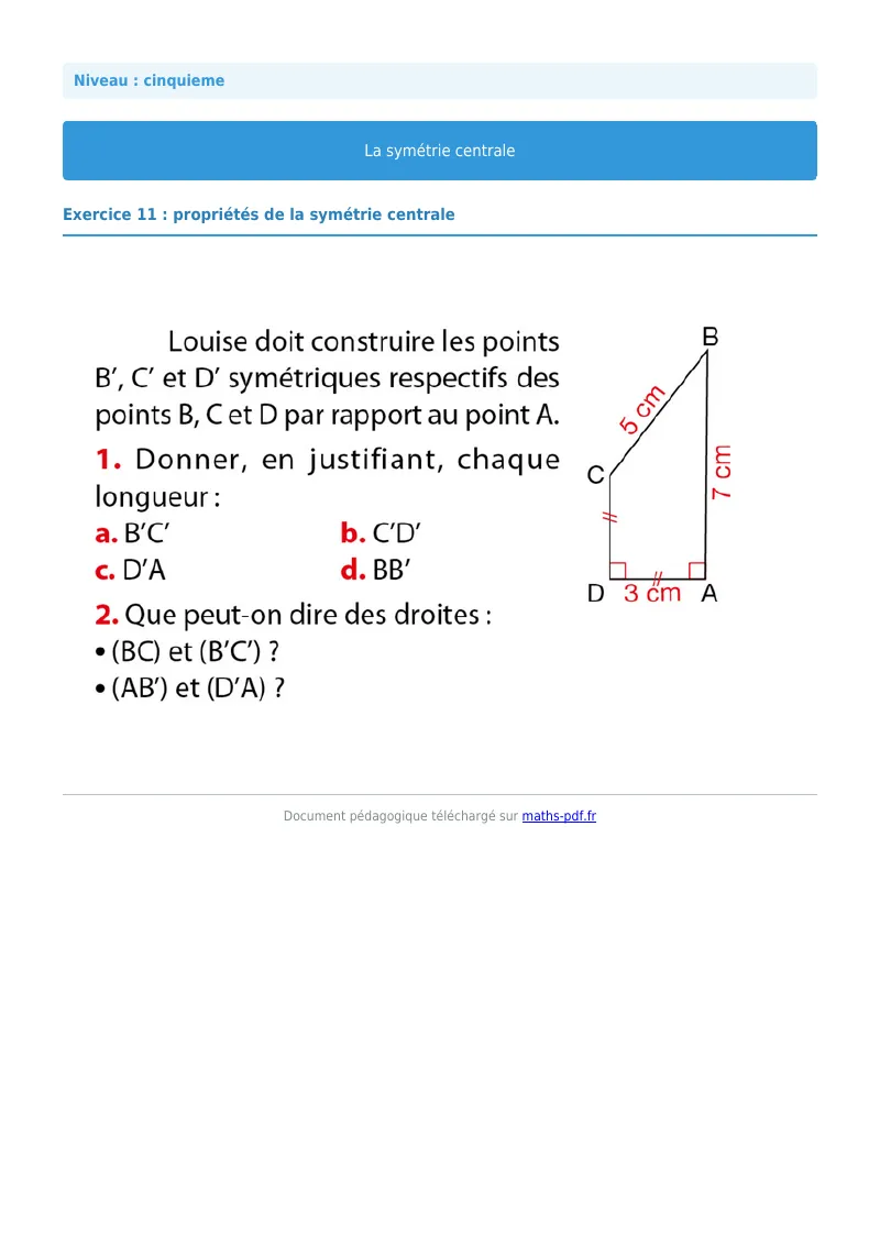 Symétrie centrale : exercice n°11 de maths en 5ème corrigé en PDF