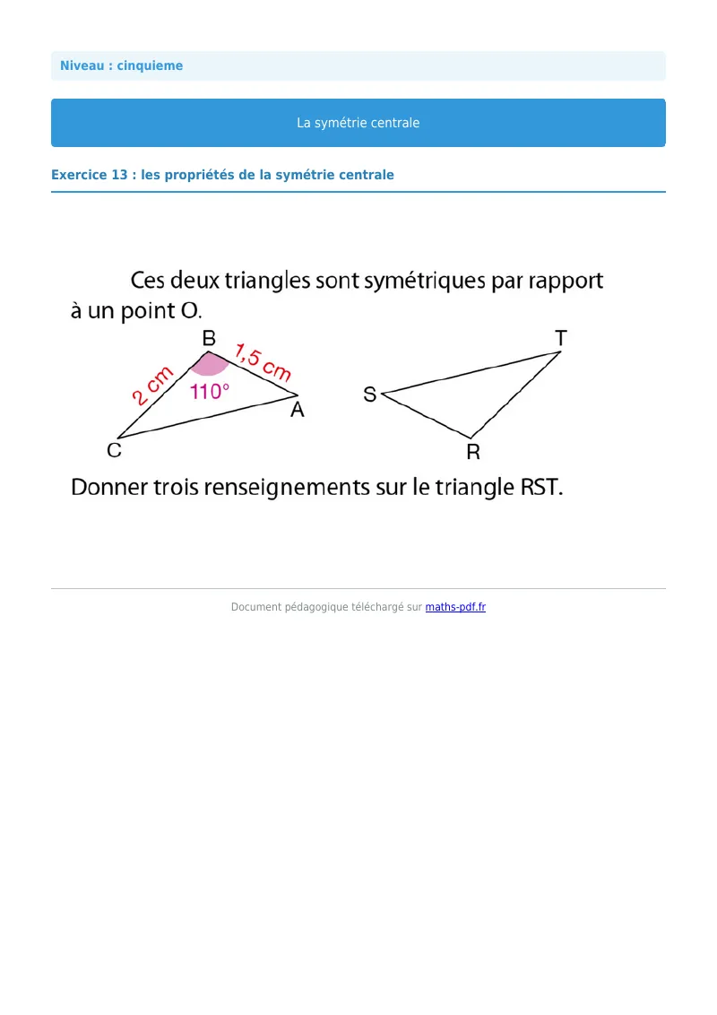 Symétrie centrale : exercice n°13 de maths en 5ème corrigé en PDF