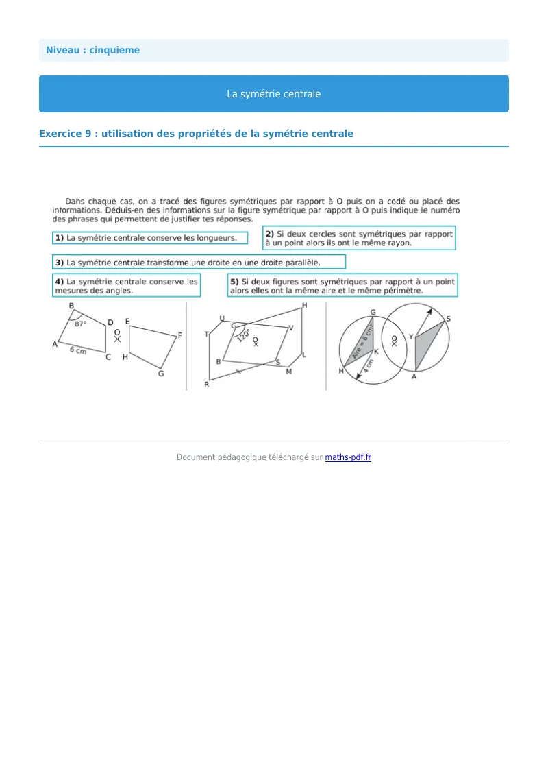 Symétrie centrale : exercice n°14 de maths en 5ème corrigé en PDF