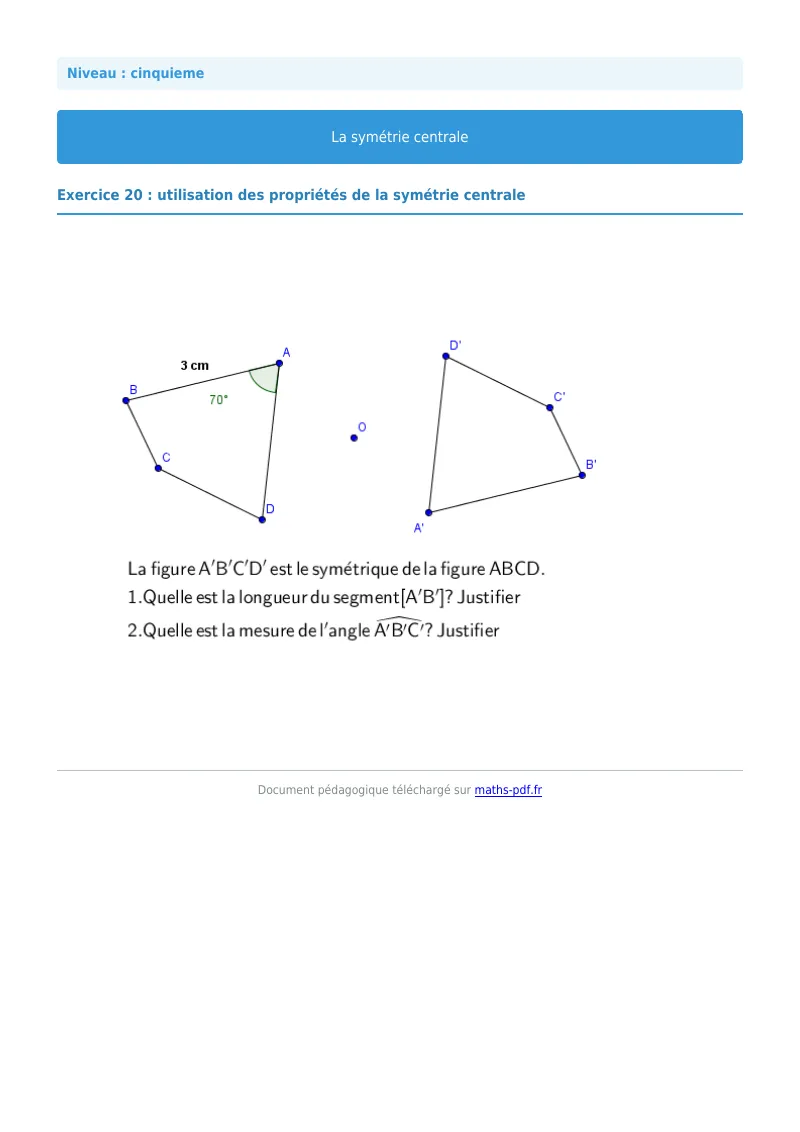 Symétrie centrale : exercice n°20 de maths en 5ème corrigé en PDF