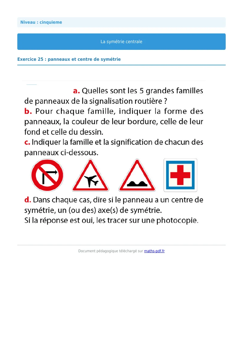 Symétrie centrale : exercice n°25 de maths en 5ème corrigé en PDF