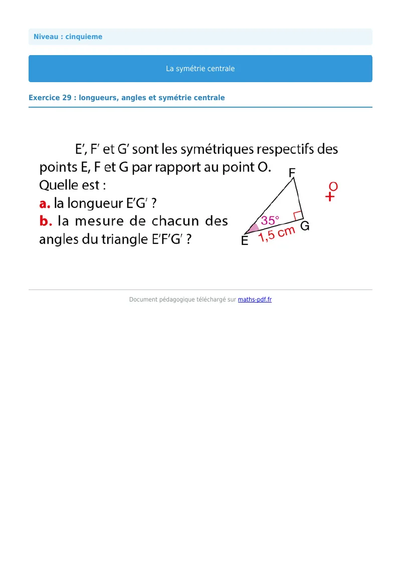 Symétrie centrale : exercice n°29 de maths en 5ème corrigé en PDF