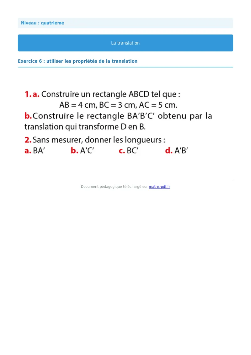 Translation : exercice n°6 de maths en 4ème corrigé en PDF