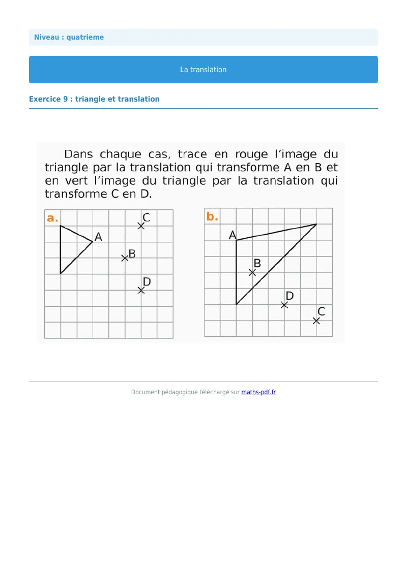 Translation : exercice n°9 de maths en 4ème corrigé en PDF