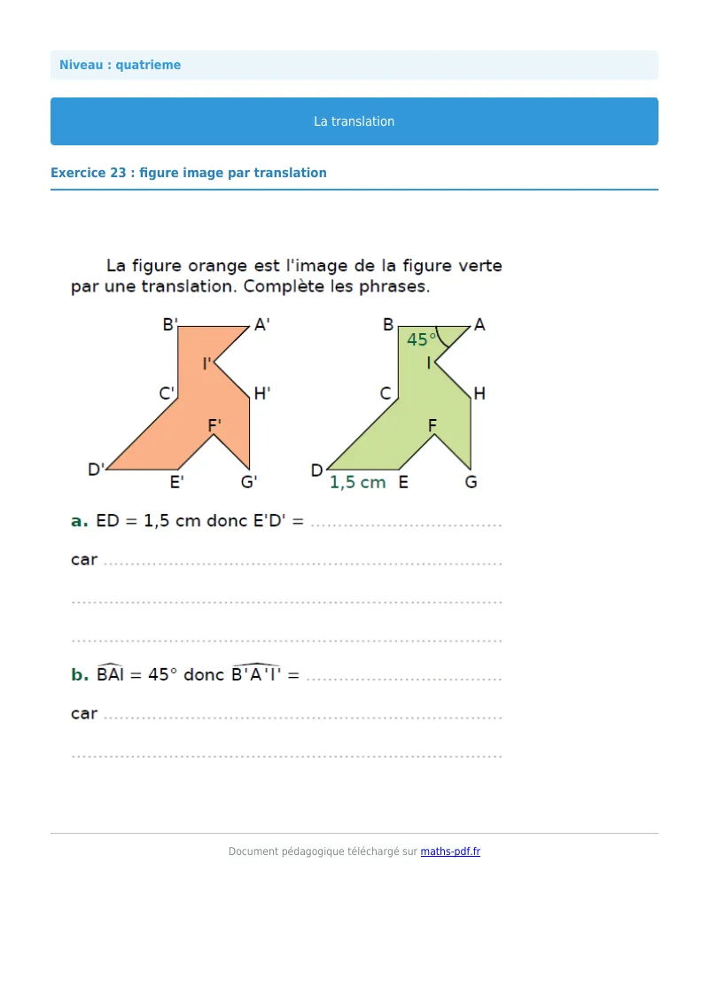 Translation : exercice n°23 de maths en 4ème corrigé en PDF