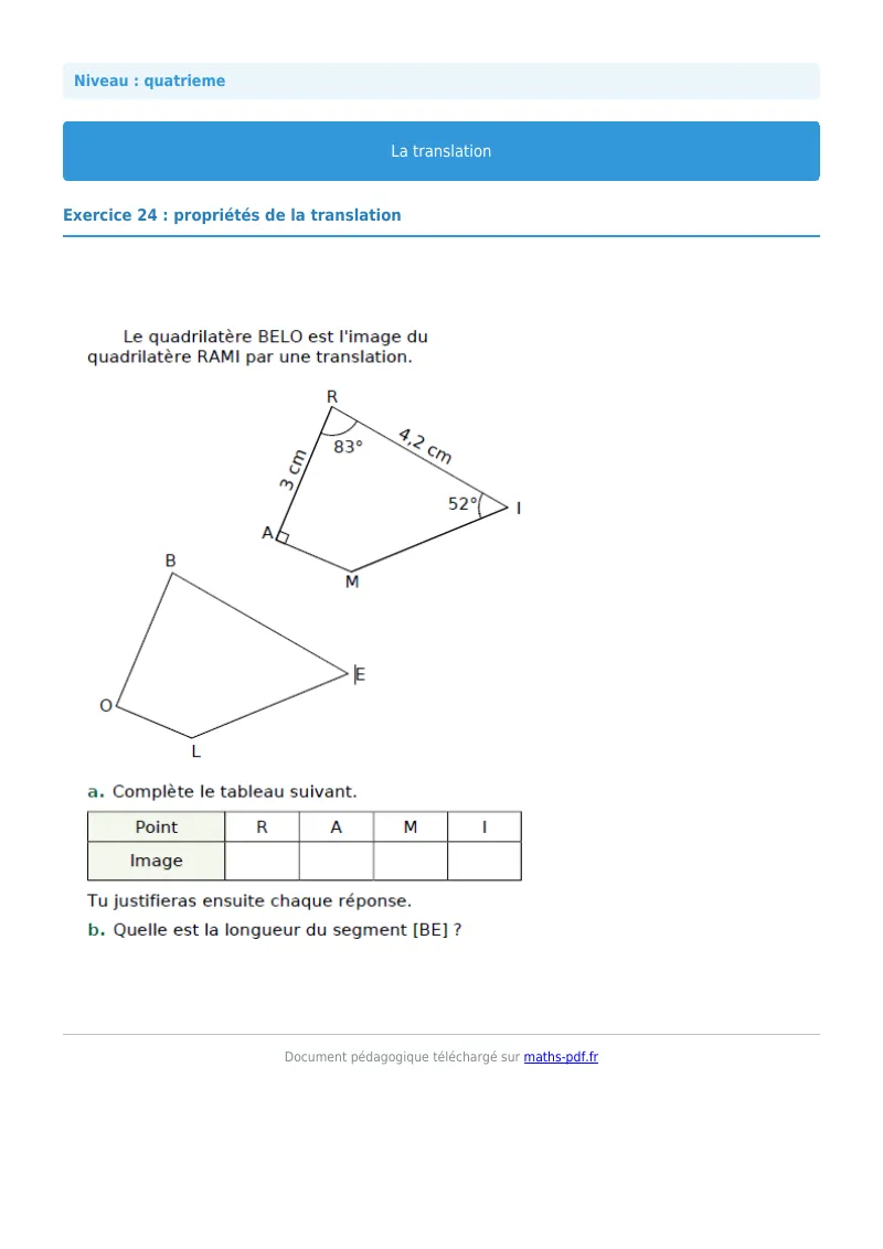 Translation : exercice n°24 de maths en 4ème corrigé en PDF