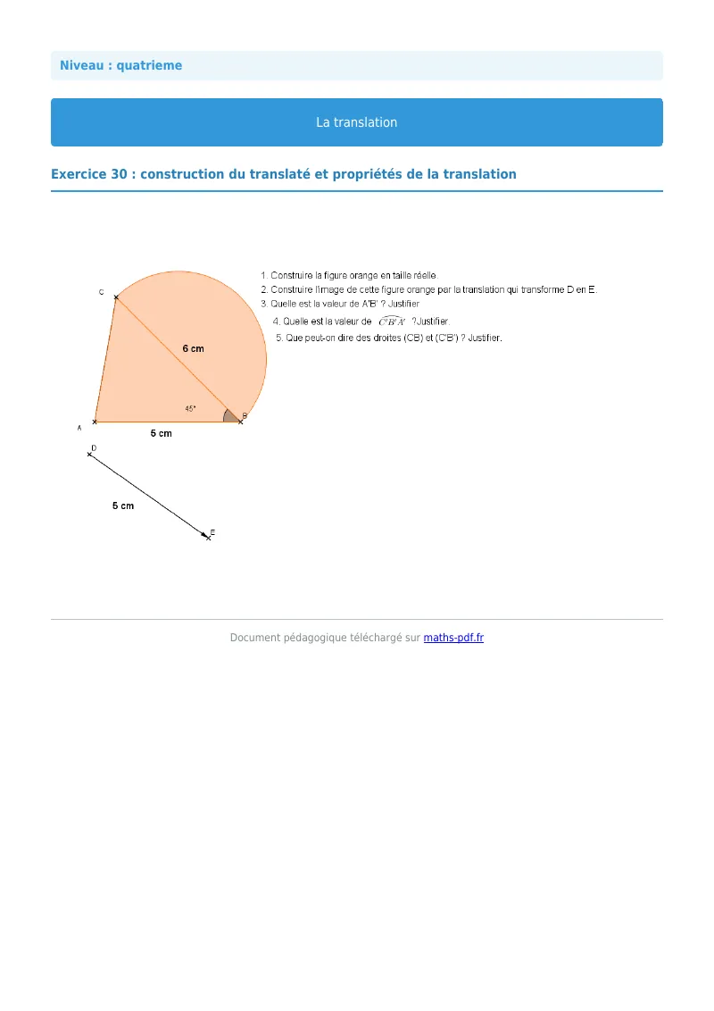Translation : exercice n°30 de maths en 4ème corrigé en PDF