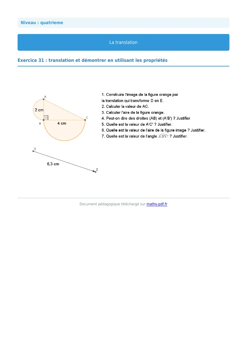 Translation : exercice n°31 de maths en 4ème corrigé en PDF