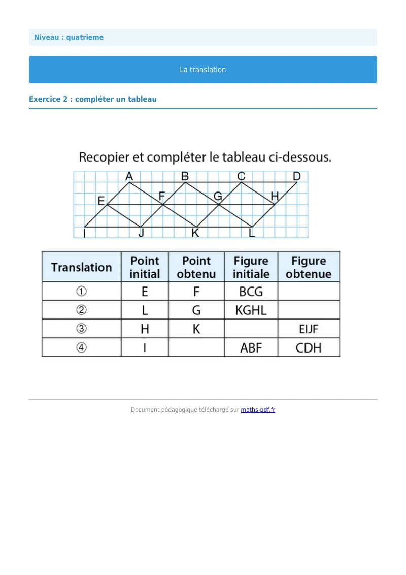 Translation : exercice n°2 de maths en 4ème corrigé en PDF