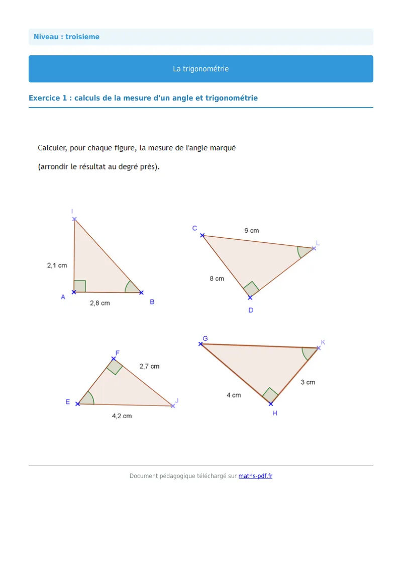 Trigonométrie : exercice n°1 de maths en 3ème corrigé en PDF
