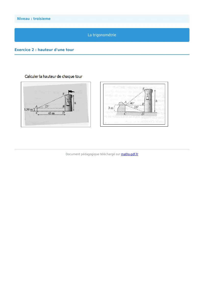 Trigonométrie : exercice n°2 de maths en 3ème corrigé en PDF
