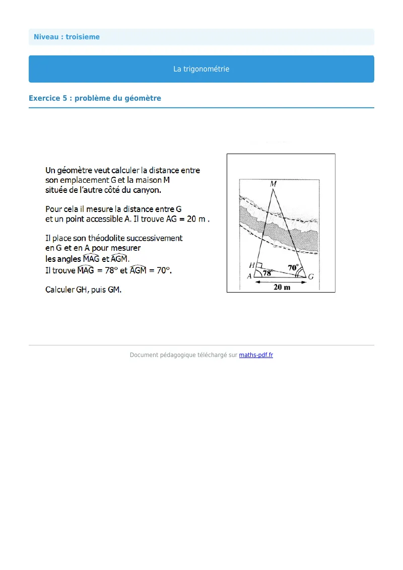 Trigonométrie : exercice n°5 de maths en 3ème corrigé en PDF