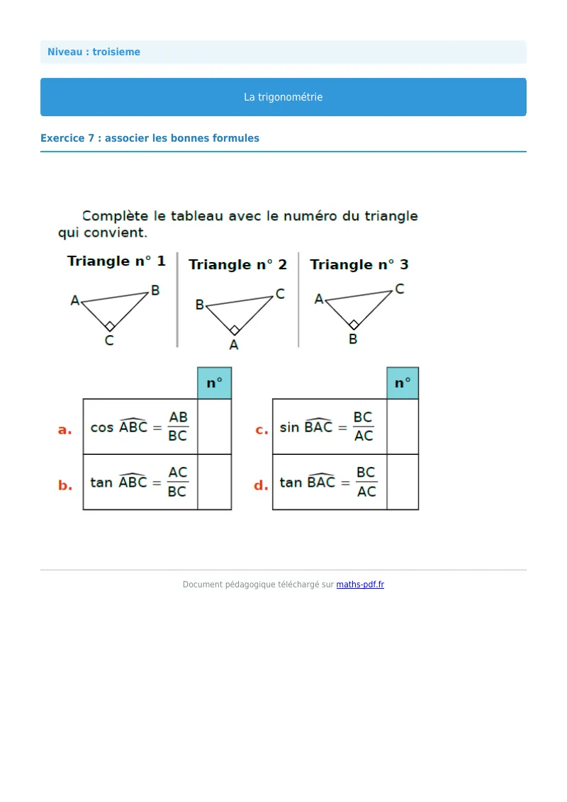 Trigonométrie : exercice n°7 de maths en 3ème corrigé en PDF