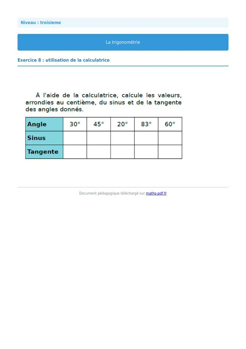 Trigonométrie : exercice n°8 de maths en 3ème corrigé en PDF