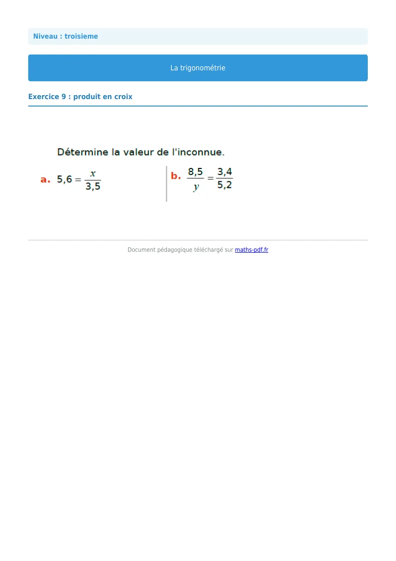 Trigonométrie : exercice n°9 de maths en 3ème corrigé en PDF