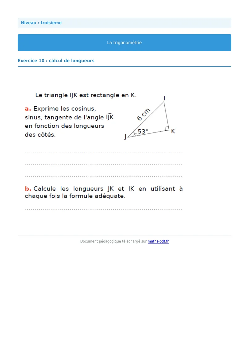 Trigonométrie : exercice n°10 de maths en 3ème corrigé en PDF