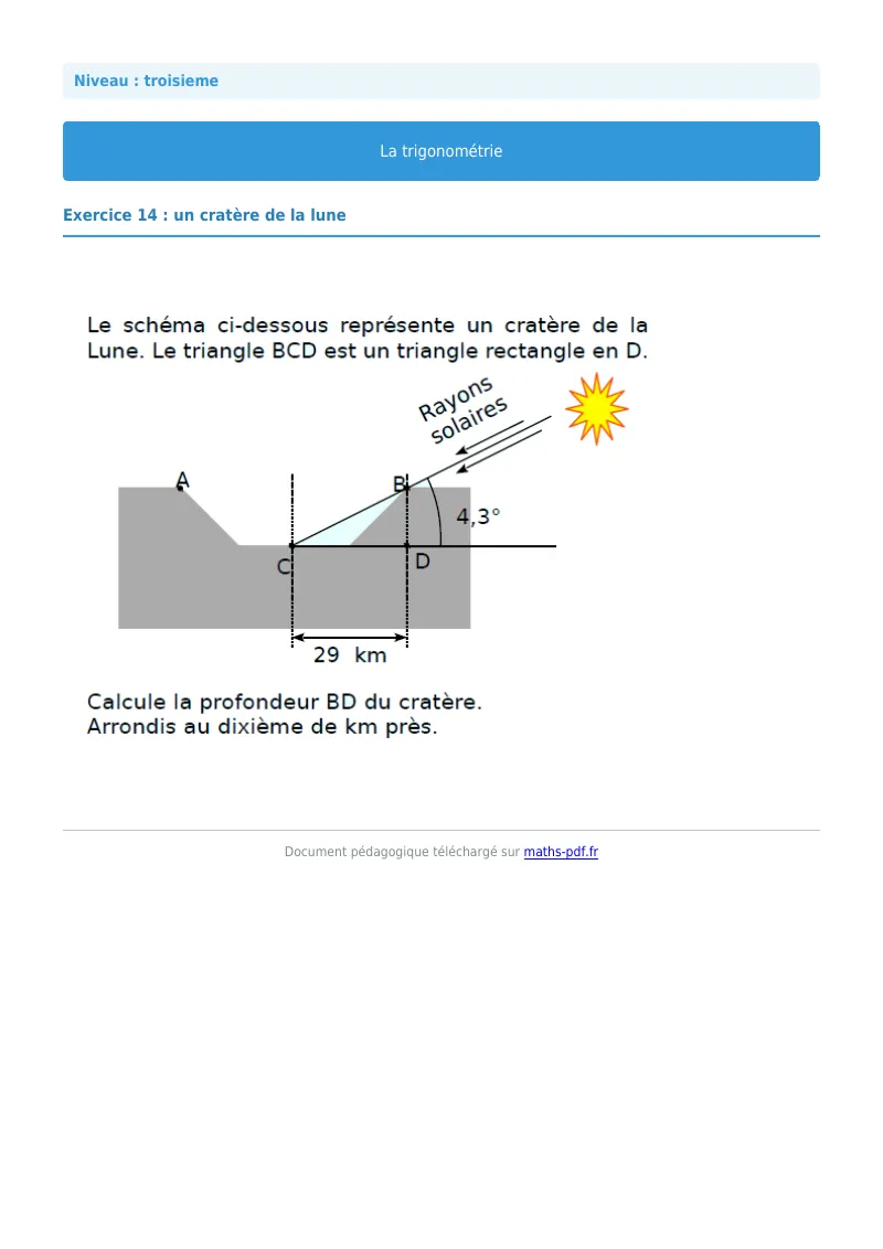 Trigonométrie : exercice n°14 de maths en 3ème corrigé en PDF