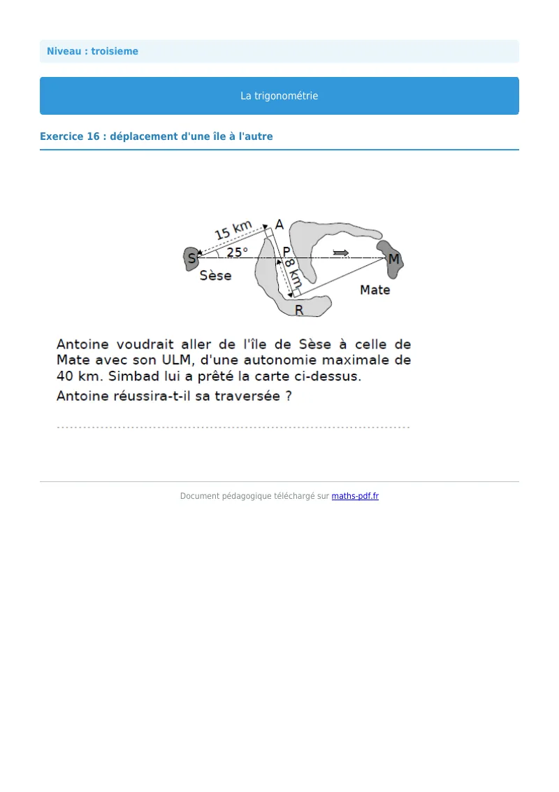 Trigonométrie : exercice n°16 de maths en 3ème corrigé en PDF