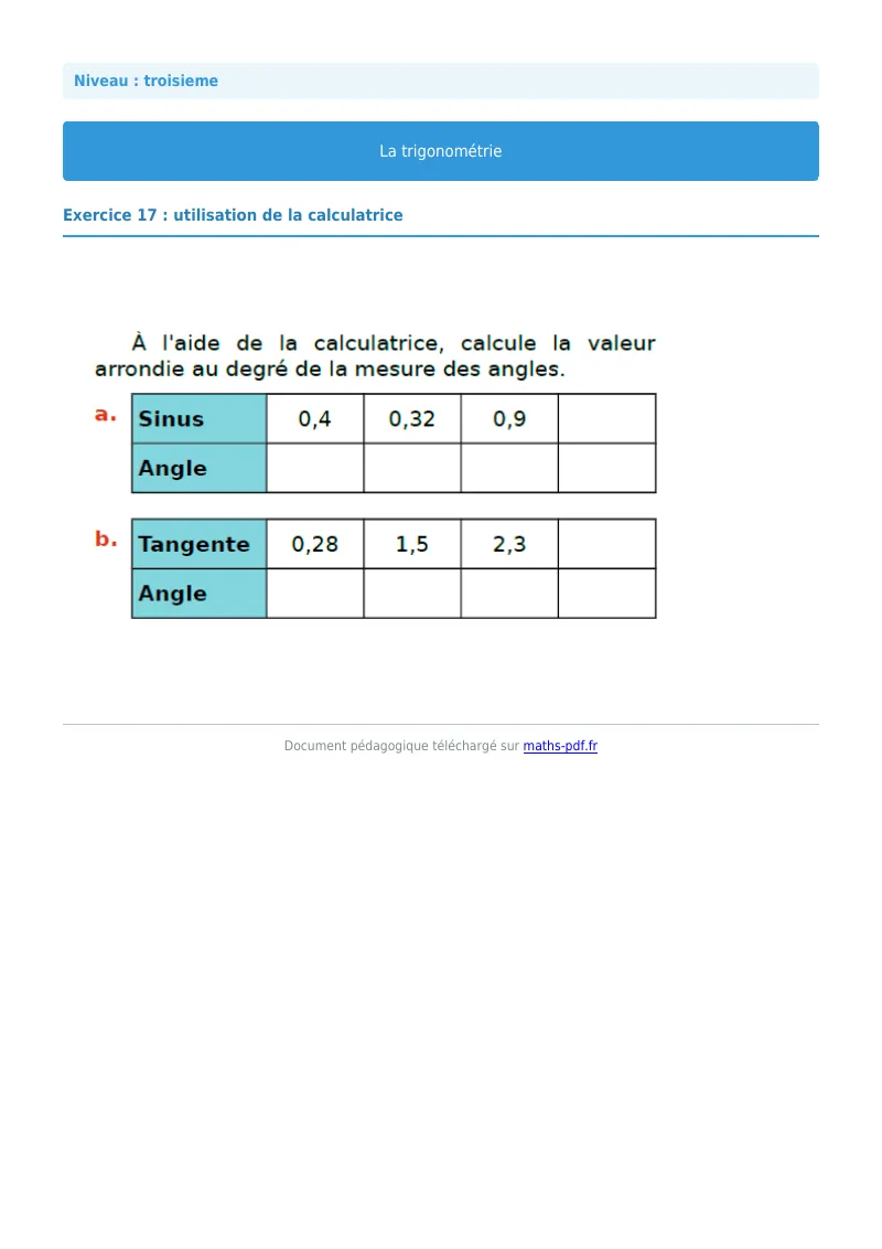 Trigonométrie : exercice n°17 de maths en 3ème corrigé en PDF