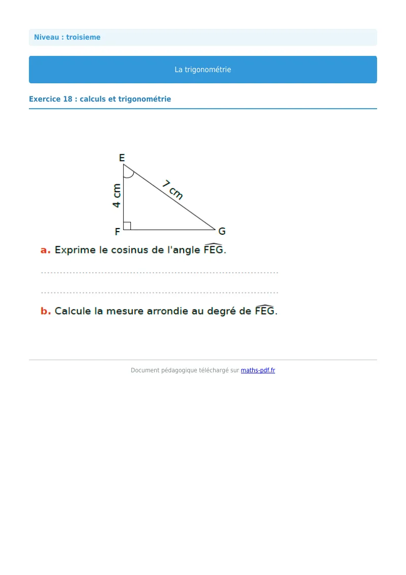 Trigonométrie : exercice n°18 de maths en 3ème corrigé en PDF