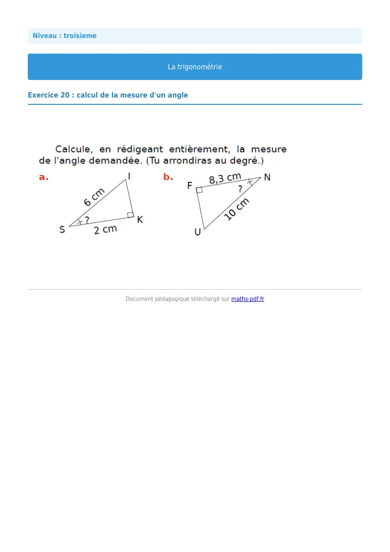 Trigonométrie : exercice n°20 de maths en 3ème corrigé en PDF