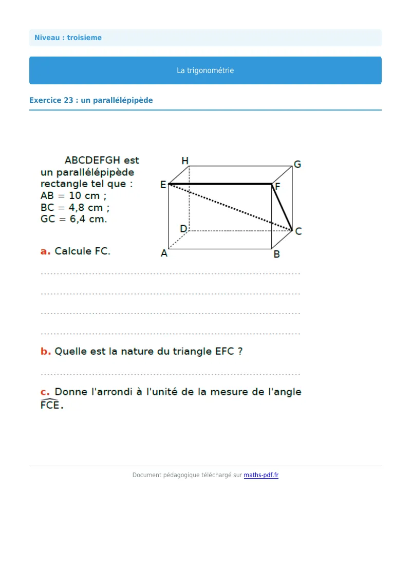 Trigonométrie : exercice n°23 de maths en 3ème corrigé en PDF