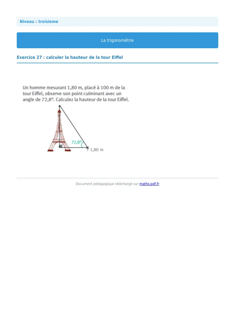 Trigonométrie : exercice n°27 de maths en 3ème corrigé en PDF