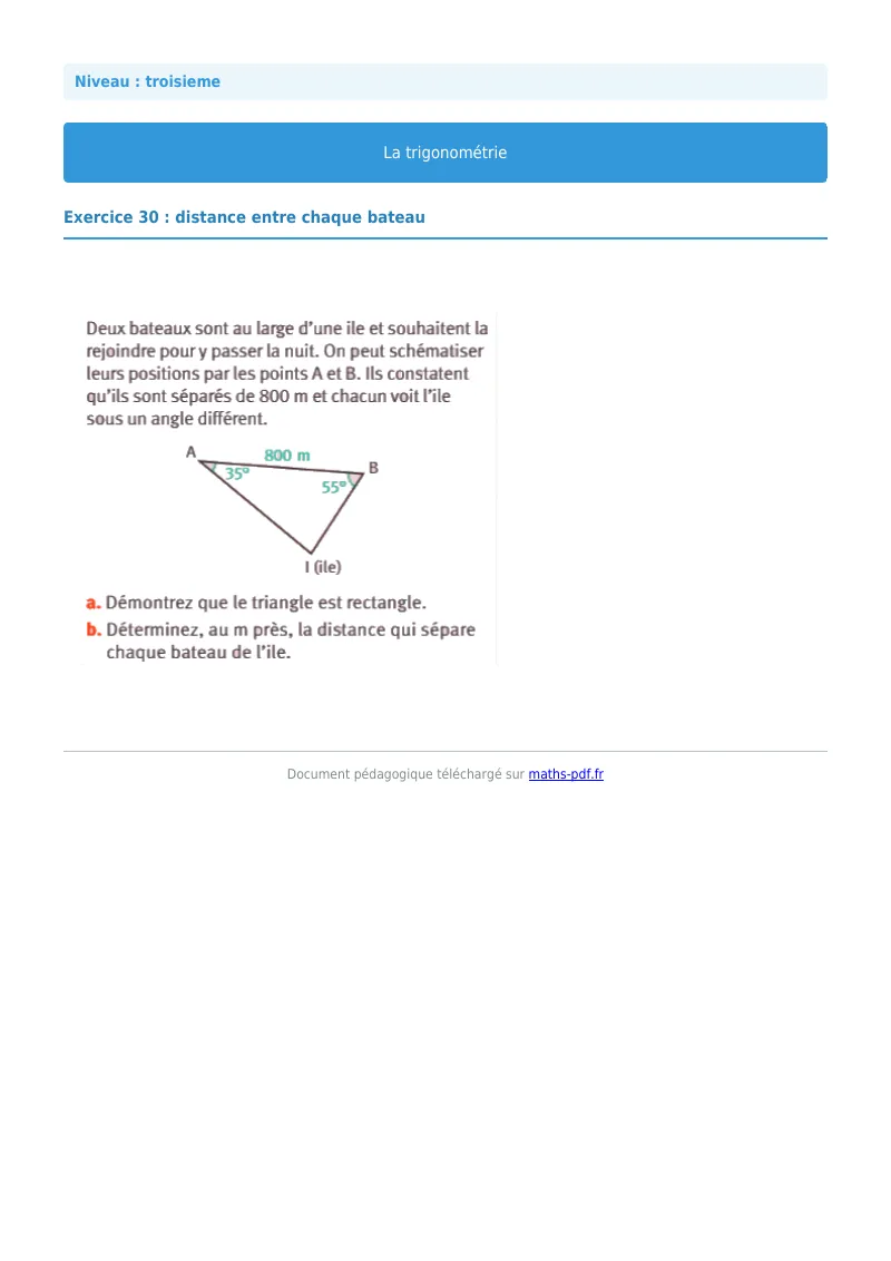 Trigonométrie : exercice n°30 de maths en 3ème corrigé en PDF