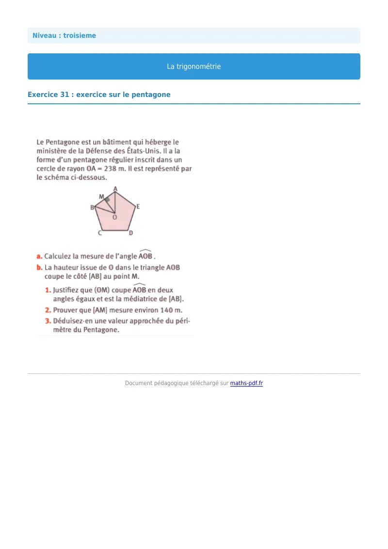 Trigonométrie : exercice n°31 de maths en 3ème corrigé en PDF