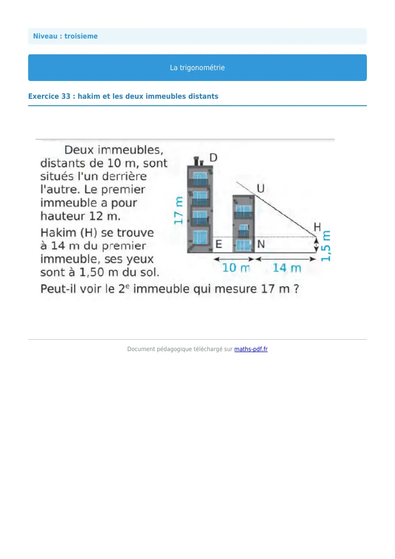 Trigonométrie : exercice n°33 de maths en 3ème corrigé en PDF
