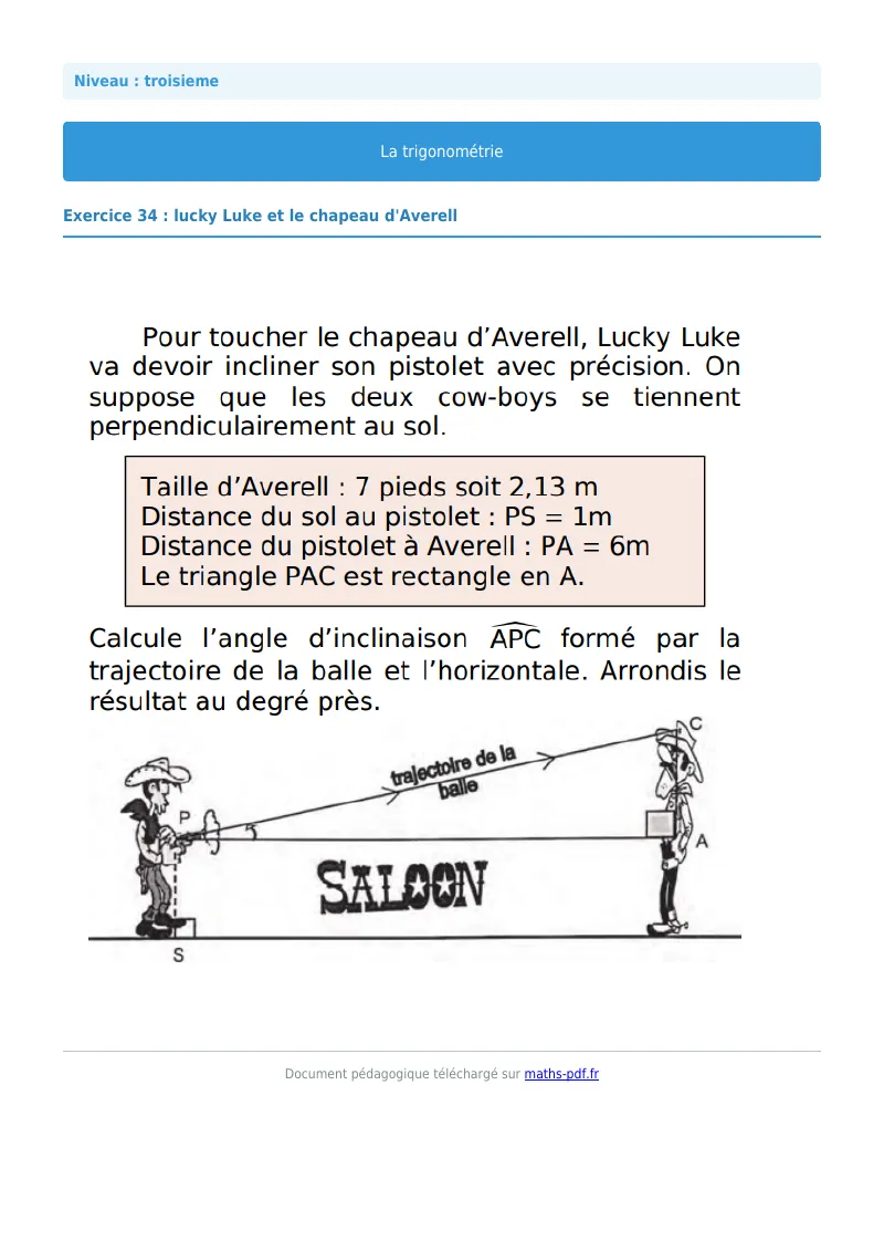 Trigonométrie : exercice n°34 de maths en 3ème corrigé en PDF