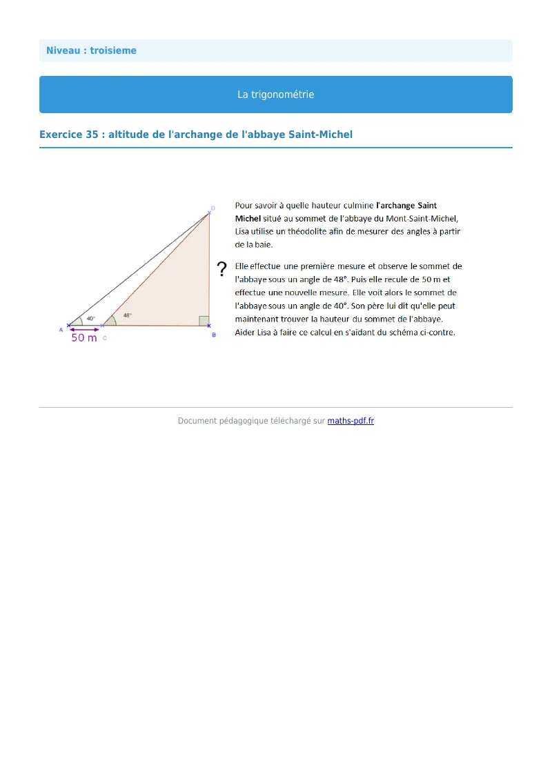 Trigonométrie : exercice n°35 de maths en 3ème corrigé en PDF