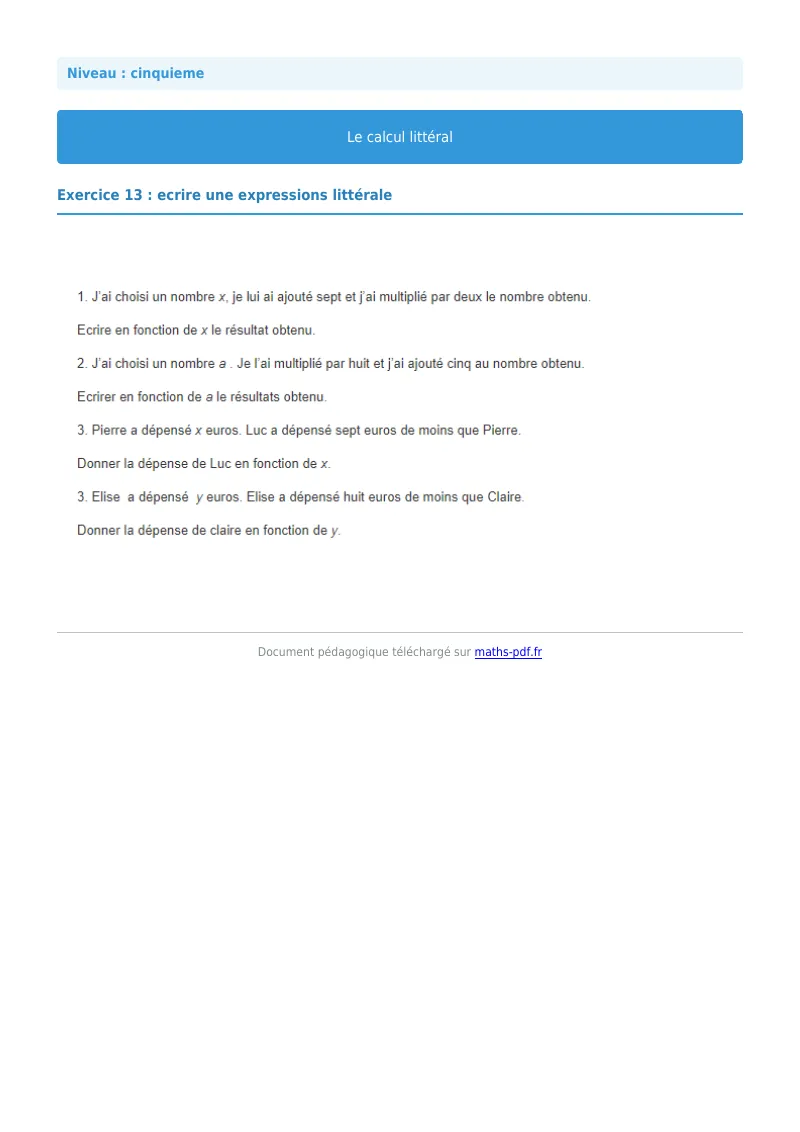 Calcul littéral : exercice n°13 de maths en 5ème corrigé en PDF