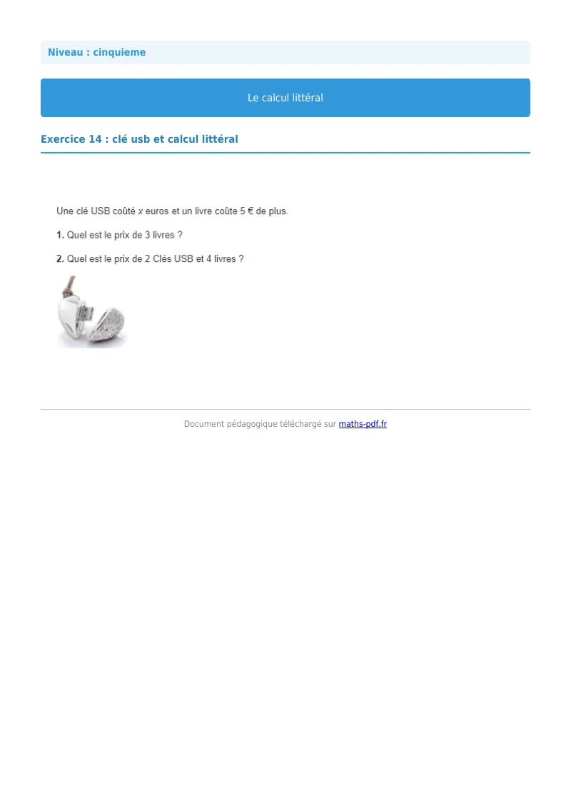 Calcul littéral : exercice n°14 de maths en 5ème corrigé en PDF