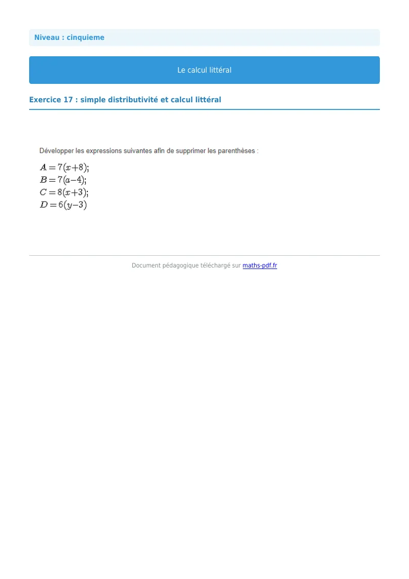 Calcul littéral : exercice n°17 de maths en 5ème corrigé en PDF