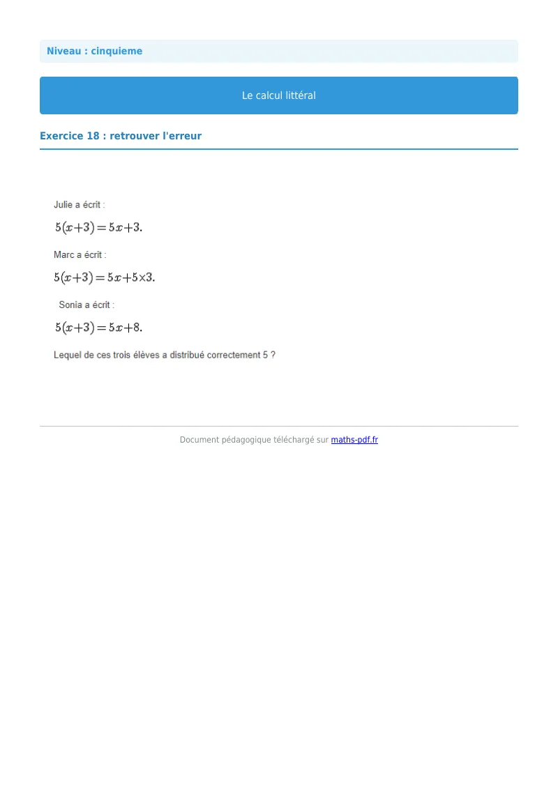 Calcul littéral : exercice n°18 de maths en 5ème corrigé en PDF