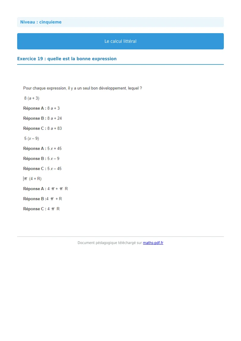 Calcul littéral : exercice n°19 de maths en 5ème corrigé en PDF