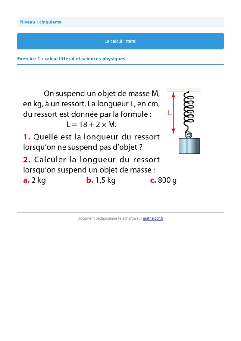 Calcul littéral : exercice n°20 de maths en 5ème corrigé en PDF