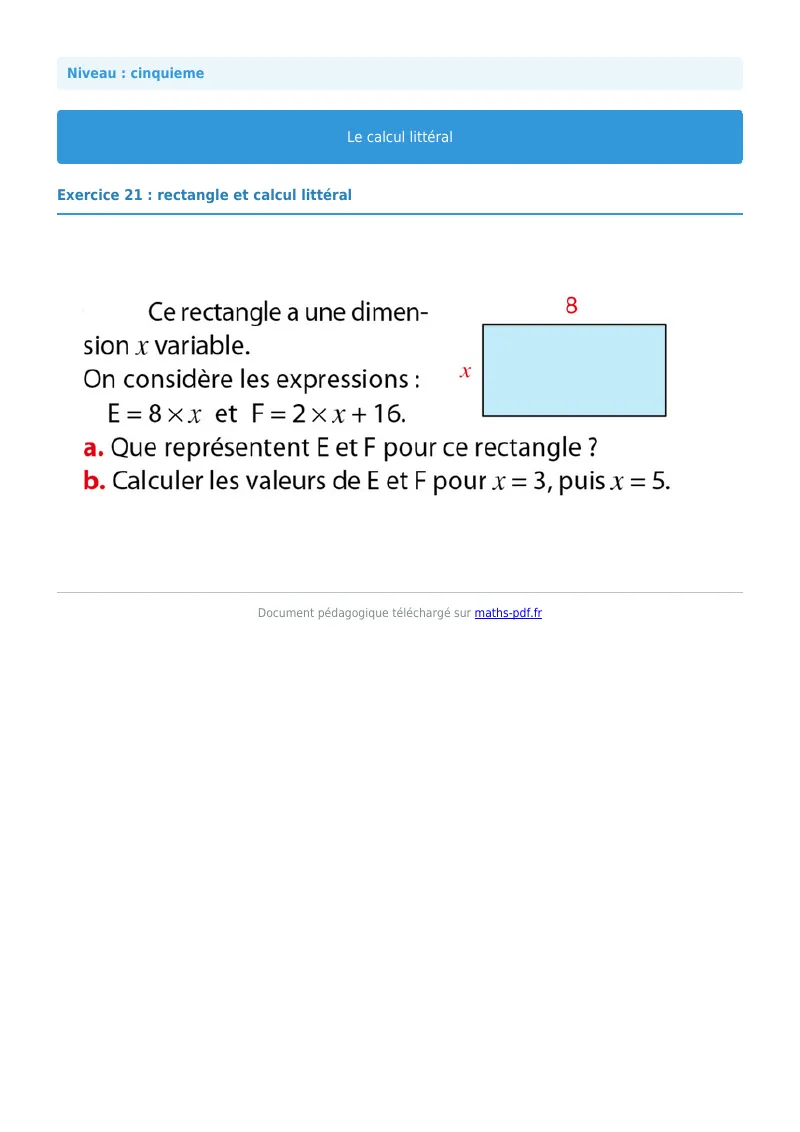 Calcul littéral : exercice n°21 de maths en 5ème corrigé en PDF