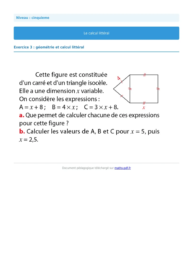 Calcul littéral : exercice n°22 de maths en 5ème corrigé en PDF