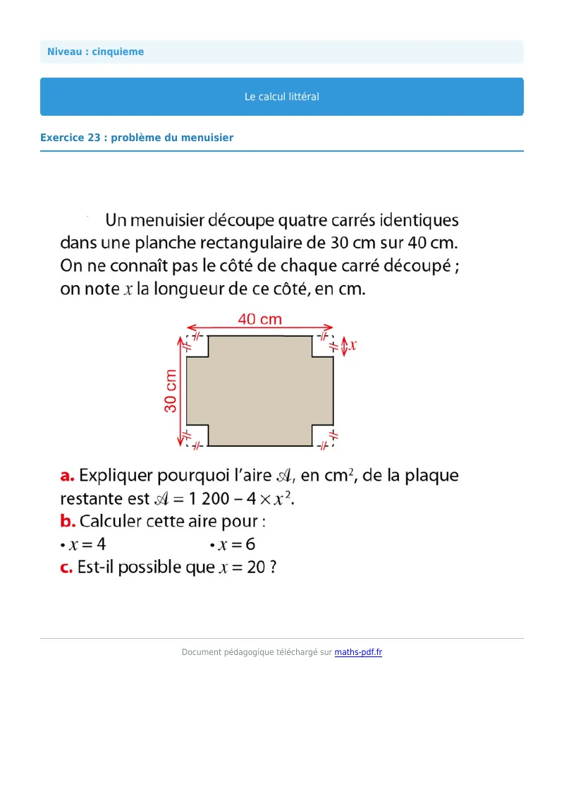 Calcul littéral : exercice n°23 de maths en 5ème corrigé en PDF